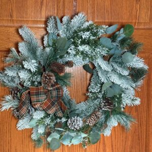 Snowy Wreath with Plaid Bow